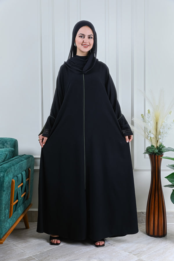 عباية كاجوال بقيطان زيتي وأكمام مبطنة