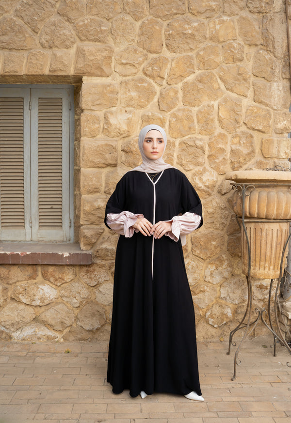 Elegant abaya with soft rose satin sleeves